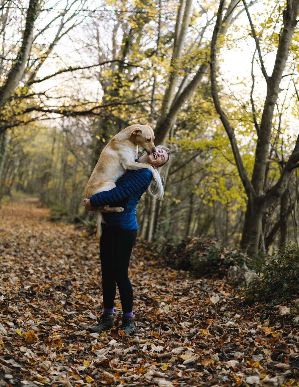 woman carrying dog while standing in the middle of the forest