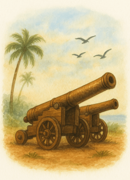 Ilustración de dos cañones hermanados con palmeras y gaviotas